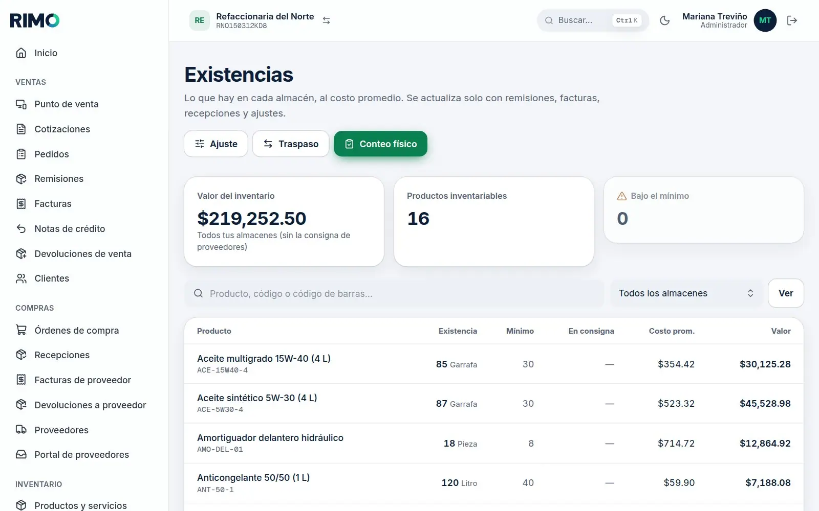 Existencias por almacén en RIMO