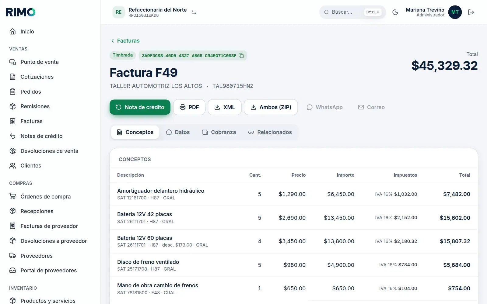 Factura CFDI 4.0 en RIMO con su estado ante el SAT