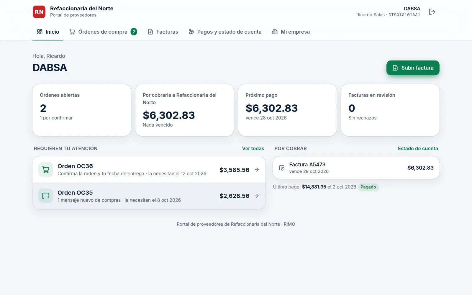 Portal de proveedores de RIMO